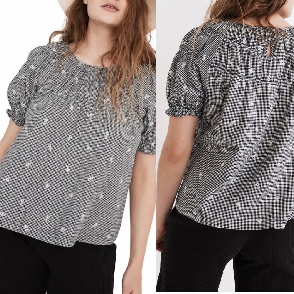Madewell Embroidered gingham Shirred puff sleeve top